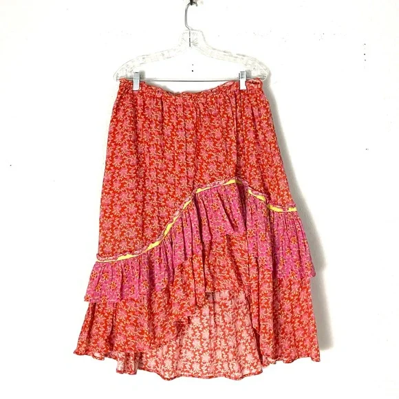 Sundance Nami Ruffled Floral Cotton Tiered Midi Skirt Size Petite Large - Picture 3 of 10